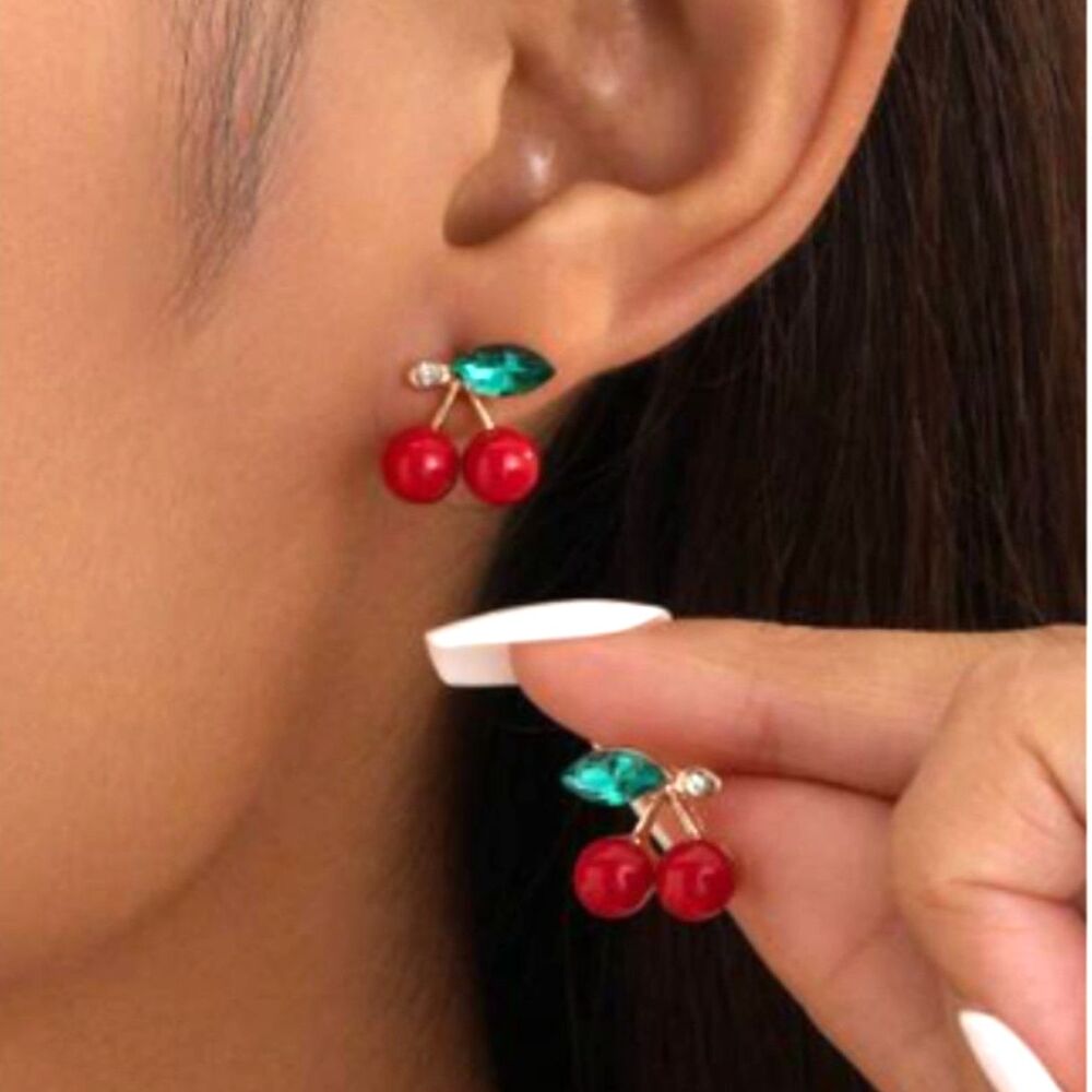 3D Red Cherry Cherries Stud Earrings Green Rhinestone Leaves